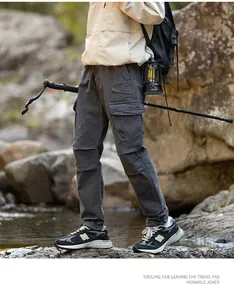 Vue détaillée du pantalon cargo outdoor gris foncé pour homme en milieu montagnard.