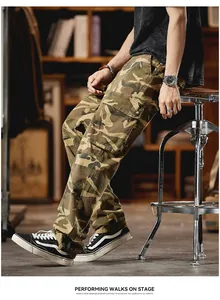 Detailed side view showing vintage camo cargo pants with multiple tactical pockets and fit
