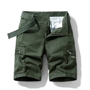 Men's vintage army green cargo shorts featuring multi-pockets and a matching woven belt