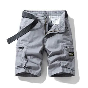 Men's retro loose cargo shorts with multi-pockets and belt in grey cotton fabric