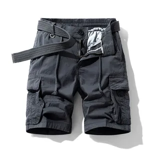 Vintage style multi-pocket men's cargo shorts with a canvas belt in charcoal grey color