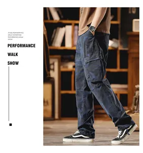 Side view detail of men's blue camo cargo pants with large pockets in retro style