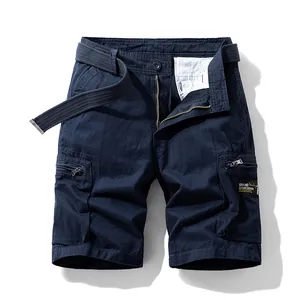 Premium men's retro multi-pocket navy blue cargo shorts with an adjustable woven belt