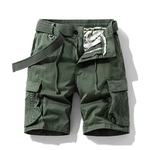 Men's vintage dark green cargo shorts with multi-pockets and matching belt, loose fit style