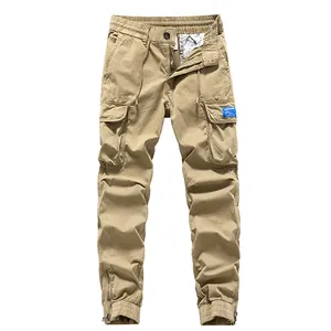 Men Casual Cargo Pants Multi Pocket Cotton Joggers Zipper Cuffed Ankle Trousers With Drawstring Waist Urban Retro Pants