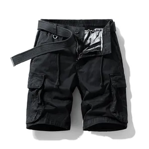 Vintage black men's cargo shorts featuring multi-pocket design and adjustable belt accessory