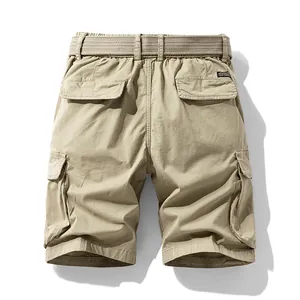 Men's khaki multi-pocket cargo shorts with canvas belt, back view, retro work style