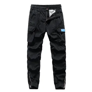 Men's multi-pocket cargo pants with zipper cuffs in black color style