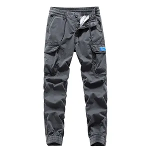 Men's dark grey multi-pocket cargo pants with elastic waist and zipped cuffs