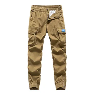Men's khaki cargo jogger pants with multi-pockets and adjustable zipper cuffs
