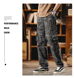 Men's vintage camouflage cargo pants with multi-pockets and loose straight leg fit