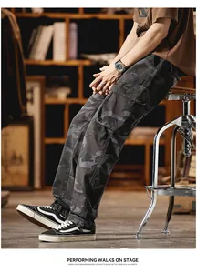 Side view of vintage camouflage cargo pants with multi-pockets and straight-leg fit