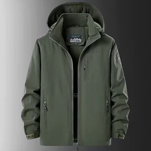 Men's waterproof fleece-lined hooded jacket in olive green for autumn and winter