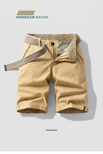 Vintage men's khaki cargo shorts with a belt, loose fit design for summer casual wear.