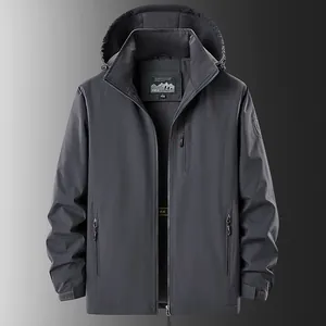Men's dark grey outdoor winter jacket with detachable hood and warm fleece lining