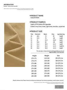 Comprehensive size chart and fabric texture for men's stretch cotton cargo shorts