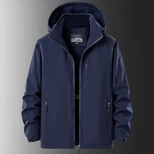 Navy blue men's waterproof fleece-lined jacket with detachable hood for winter