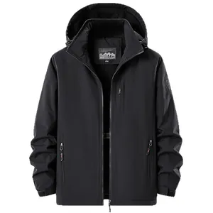 Black men's fleece-lined waterproof jacket with detachable hood for winter