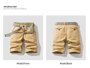 Detailed front and back views of khaki men's vintage stretch cargo shorts with woven belt