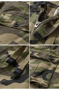 Gros plan détaillé d'un pantalon tactique camouflage avec fermeture éclair et poche