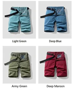 Detail showing four colors of men's summer vintage stretch cargo shorts with belts
