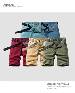 Display of men's vintage elastic cargo shorts in five colors with matching belts.