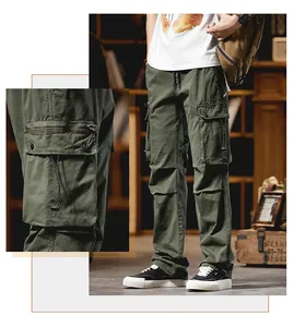 Detail view of men's olive green cargo pants with multi-pocket and zipper design