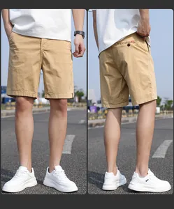 Front and back detail view of men's khaki vintage cargo shorts for summer