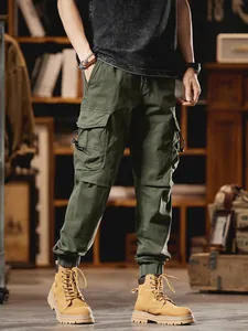 Men's olive green multi-pocket jogger cargo pants for street fashion