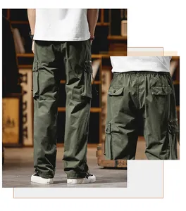Detailed back view of olive green straight-leg cargo pants with multi-pocket design