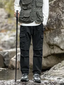 Pantalon Cargo Techwear Homme Multi-Poches Mélange de Coton Cordon de Serrage Taille Élastique Fuselé Outdoor Casual Randonnée Montagne