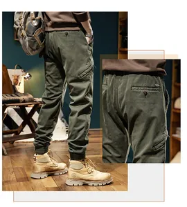 Detailed macro view of military green cargo jogger pants back pocket and fabric texture