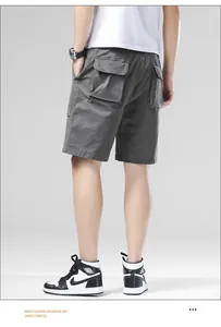 Back view of gray men's summer cargo shorts featuring large pockets and relaxed fit