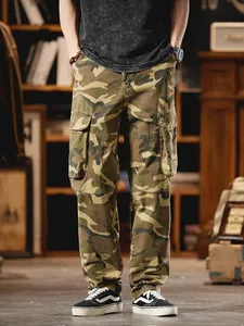 Men's vintage camouflage cargo pants with multi-pockets and a classic straight leg fit