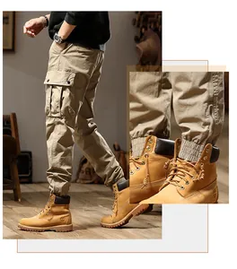 Detailed view of khaki retro cargo pants featuring zippered elastic leg cuffs and pockets