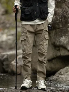 Pantalon cargo de montagne kaki pour hommes style techwear avec taille élastique à cordon