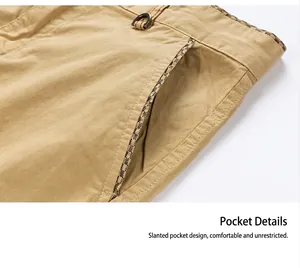 Detail of slanted side pocket on men's khaki vintage cargo shorts with inner lining