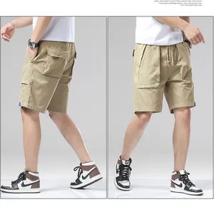 Front and side view of men's khaki cargo shorts with functional pockets