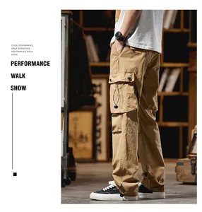 Side view of men's khaki cargo pants featuring large utility pockets and straight-leg cut.
