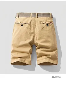 Detailed back view of men's khaki cargo shorts featuring back pockets and woven belt