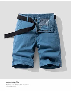 Deep blue vintage men's cargo shorts with black belt shown in a front view detail.