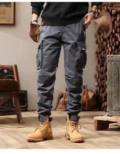 Men's loose vintage grey cargo pants with multi-pockets and elastic cuffs