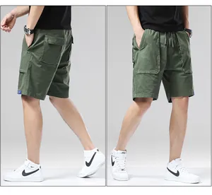 Detailed macro views of men's army green cargo shorts featuring a multi-pocket design