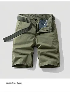 Detail view of men's vintage army green cargo shorts with matching woven belt.