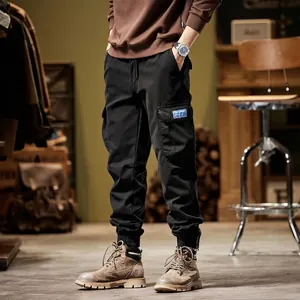 Men's vintage black cargo pants with warm fleece lining and loose American style fit