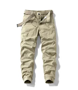 Front view of khaki men's cargo pants featuring elastic cuffs and an adjustable belt