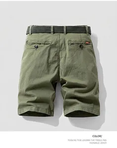 Back view of army green men's cargo shorts with belt and button pockets