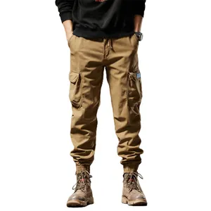 Men's retro American style khaki cargo pants with warm fleece lining and loose fit