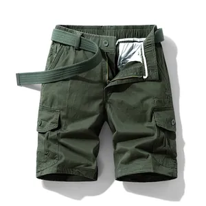 Men's loose cotton cargo shorts with multiple pockets and matching belt, olive green.