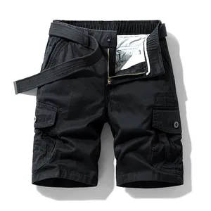 Men's loose black cotton cargo shorts with multi-pockets and techwear style belt.